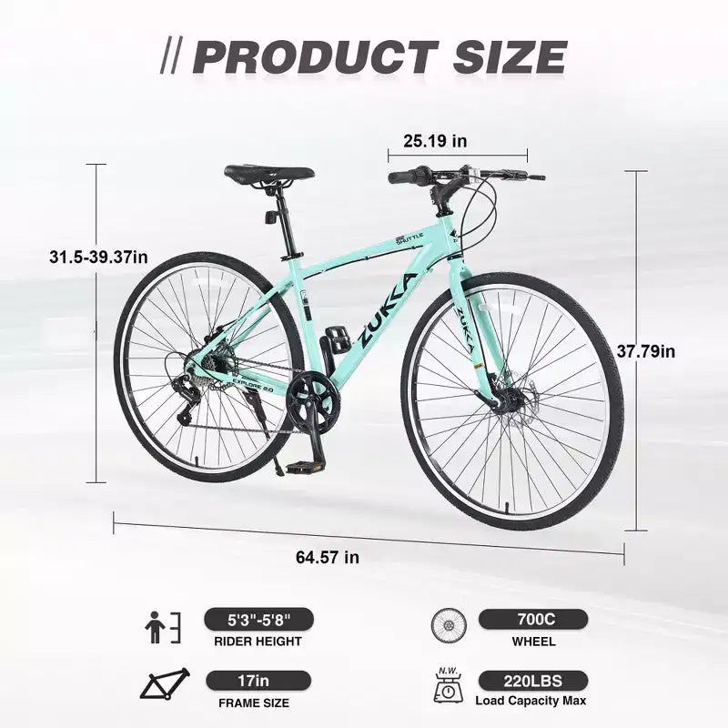 NAYSAYE Vélo hybride 7 vitesses Cadre en aluminium Double freins à disque pour les aventures en ville, Vert, 64,57*25,19*37,79