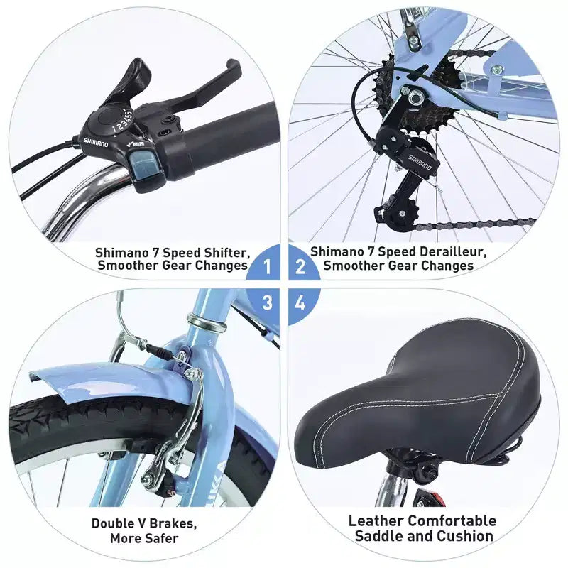 NAYSAYE Vélo 7 vitesses 26 pouces Beach Cruiser Cadre en acier pour femme pour des trajets confortables, Bleu clair, 69.96*28.32*43.2