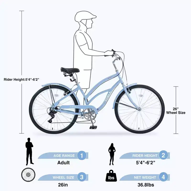 NAYSAYE Vélo 7 vitesses 26 pouces Beach Cruiser Cadre en acier pour femme pour des trajets confortables, Bleu clair, 69.96*28.32*43.2