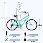 NAYSAYE Vélo de plage 26 pouces pour adultes, 7 vitesses, cadre en acier pour femmes, pour des promenades confortables, vert menthe, 69,6*28,5*40,5
