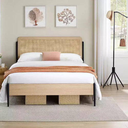 Acekool Full Rattan Bed Frame, Natural Rattan Headboard, Boho Platform, Under Bed Storage, No Box Spring Needed, White Oak