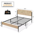 Cadre de lit en rotin intégral Acekool, tête de lit en rotin naturel, plateforme bohème, rangement sous le lit, sommier tapissier non requis, chêne blanc