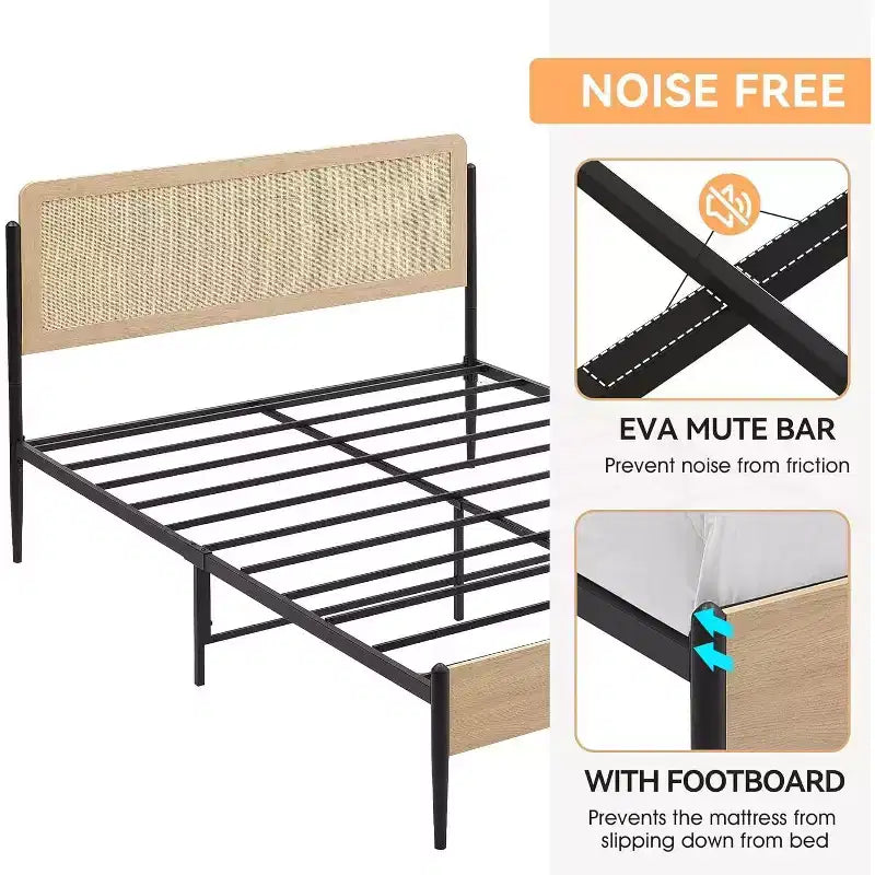 Cadre de lit en rotin intégral Acekool, tête de lit en rotin naturel, plateforme bohème, rangement sous le lit, sommier tapissier non requis, chêne blanc