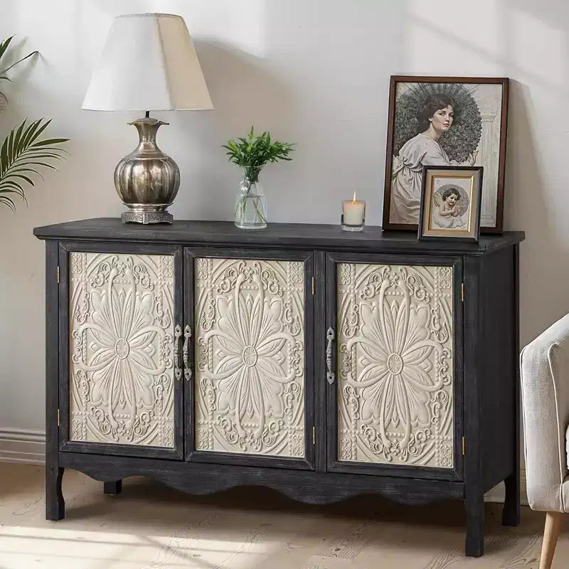 RoyalCraft Farmhouse Sideboard Buffet Cabinet Solid Wood Credenza, 3 Door Storage Console Table for Dining Room Kitchen Entryway, 49 Inch, Black
