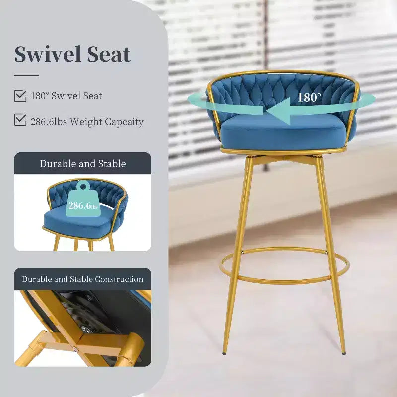MAYEERTY Lot de 2 tabourets de bar pivotants de 79 cm de hauteur, tissés à la main, bleus, pour îlot de cuisine