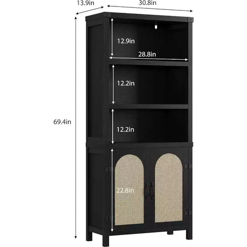 Bibliothèque de ferme de 70 pouces avec portes en rotin, 3 étagères ouvertes et armoire, bibliothèque en bois noir pour salon, bureau et chambre à coucher