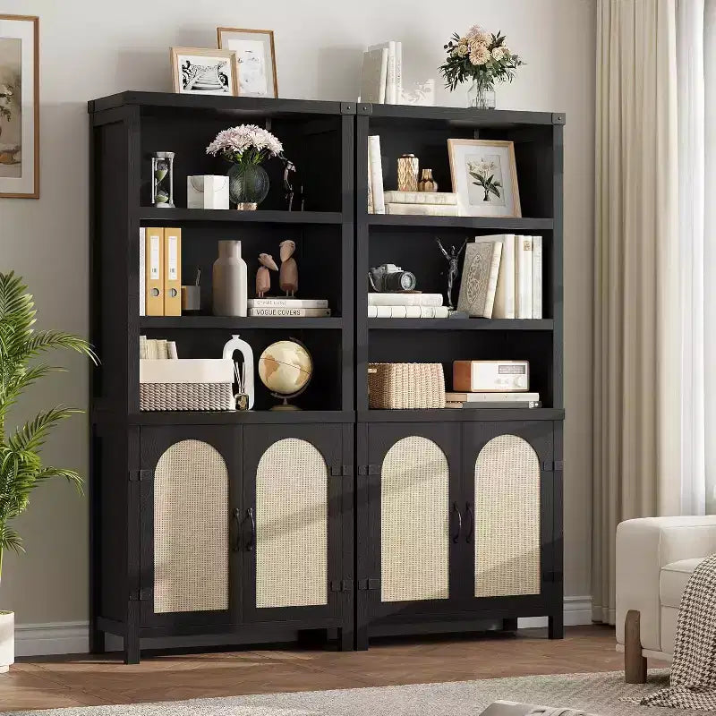 Bibliothèque de ferme de 70 pouces avec portes en rotin, 3 étagères ouvertes et armoire, bibliothèque en bois noir pour salon, bureau et chambre à coucher