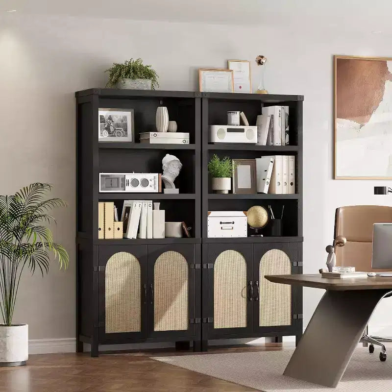 Bibliothèque de ferme de 70 pouces avec portes en rotin, 3 étagères ouvertes et armoire, bibliothèque en bois noir pour salon, bureau et chambre à coucher