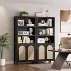 Bibliothèque de ferme de 70 pouces avec portes en rotin, 3 étagères ouvertes et armoire, bibliothèque en bois noir pour salon, bureau et chambre à coucher