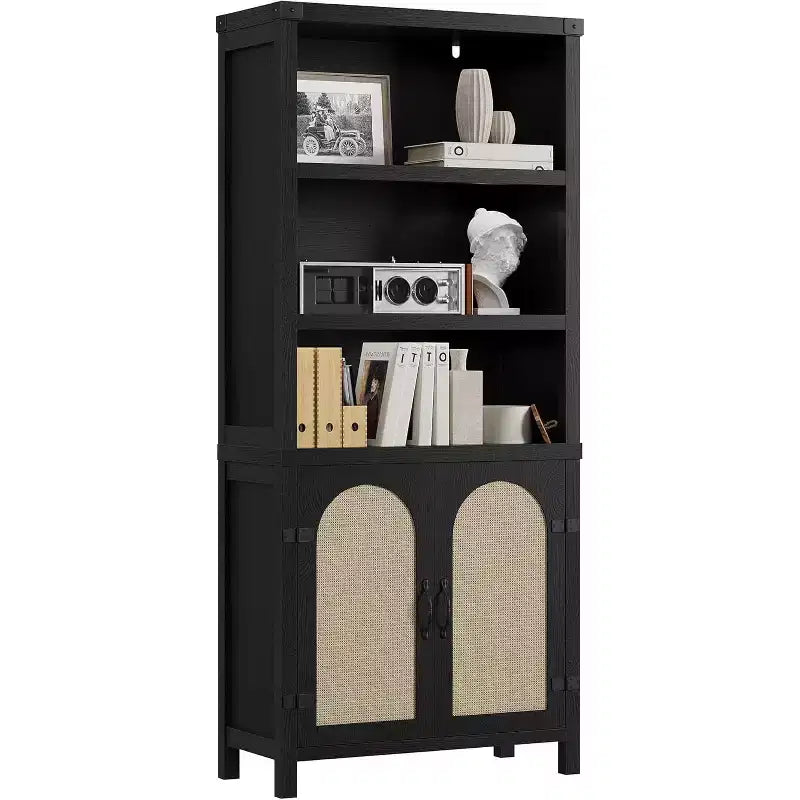 Bibliothèque de ferme de 70 pouces avec portes en rotin, 3 étagères ouvertes et armoire, bibliothèque en bois noir pour salon, bureau et chambre à coucher
