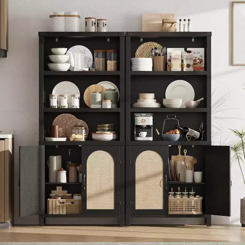 Bibliothèque de ferme de 70 pouces avec portes en rotin, 3 étagères ouvertes et armoire, bibliothèque en bois noir pour salon, bureau et chambre à coucher