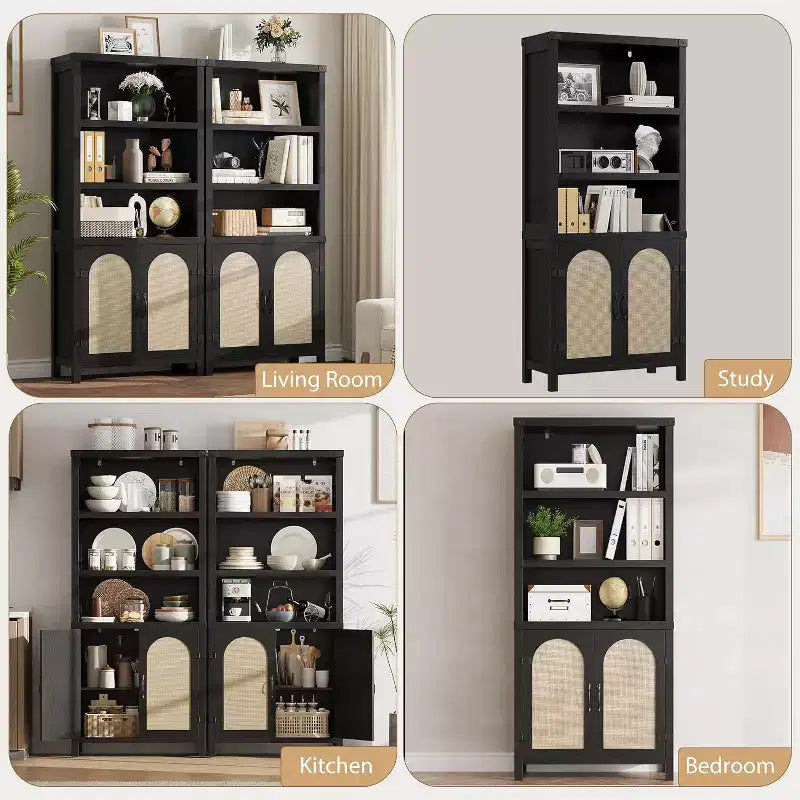 Bibliothèque de ferme de 70 pouces avec portes en rotin, 3 étagères ouvertes et armoire, bibliothèque en bois noir pour salon, bureau et chambre à coucher