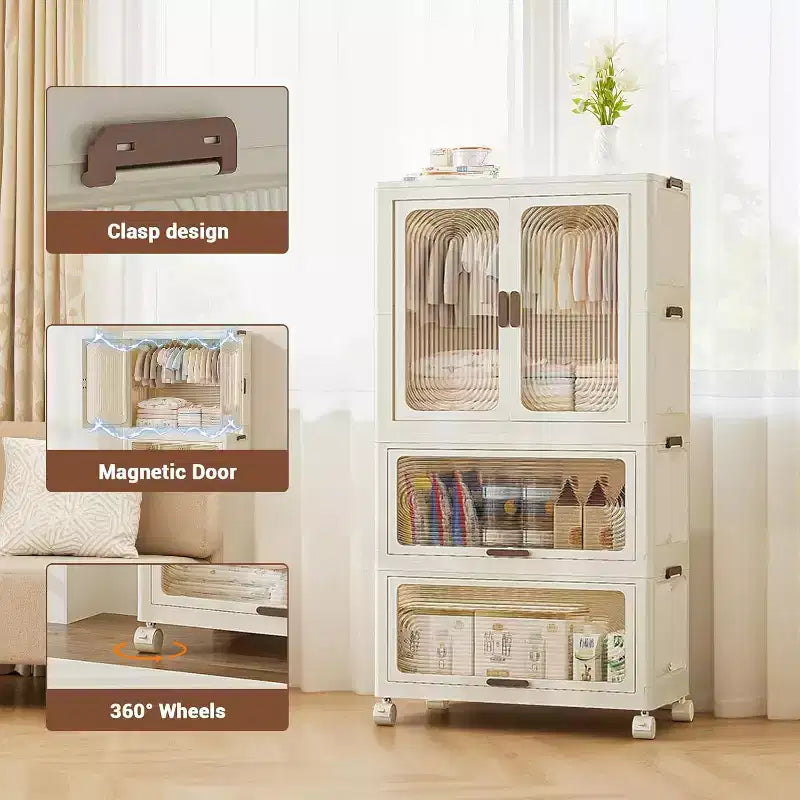 Armoire de Rangement 3 Étages pour Enfants avec Portes et Roues - Organiseur Portable de Vêtements pour Bébé avec Tringle et 10 Cintres