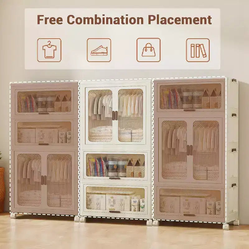 Armoire de Rangement 3 Étages pour Enfants avec Portes et Roues - Organiseur Portable de Vêtements pour Bébé avec Tringle et 10 Cintres