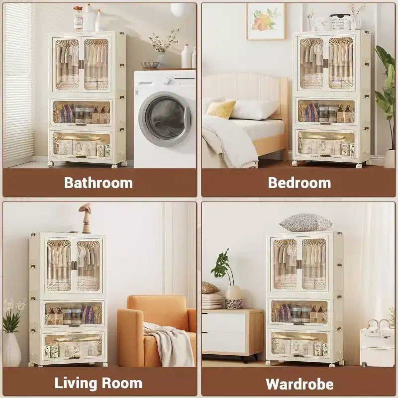 Armoire de Rangement 3 Étages pour Enfants avec Portes et Roues - Organiseur Portable de Vêtements pour Bébé avec Tringle et 10 Cintres