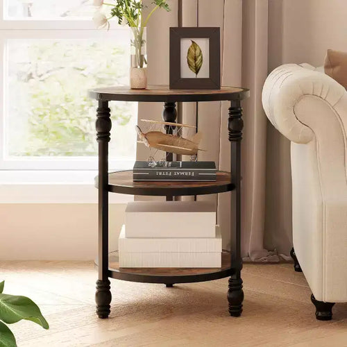Acekool 3-Tier Round Side Table, Farmhouse End Table with Metal Legs for Bedroom & Living Room - Rustic Brown