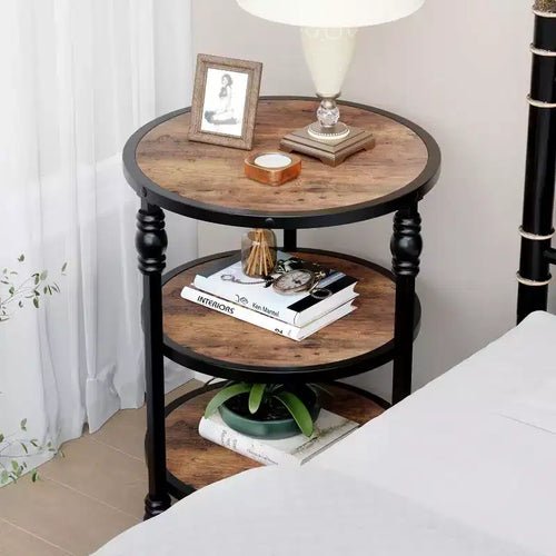 Table d'appoint ronde Acekool à 3 niveaux, table de bout de ferme avec pieds en métal pour chambre et salon - Marron rustique
