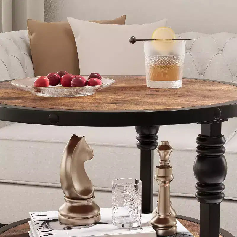 Table d'appoint ronde Acekool à 3 niveaux, table de bout de ferme avec pieds en métal pour chambre et salon - Marron rustique