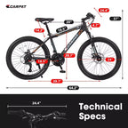 NAYSAYE Vélo VTT 24 Pouces, 21 Vitesses, Cadre en Acier pour Garçons et Filles, pour Aventures Tout-Terrain, Noir et Orange, 56,3 x 7,88 x 28,35