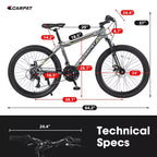 NAYSAYE Vélo VTT 24 Pouces 21 Vitesses Cadre en Acier pour Garçons et Filles pour Aventures Tout-Terrain, Gris, 56,3*7,88*28,35