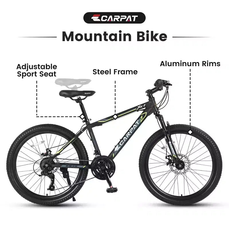 NAYSAYE Vélo VTT 24 Pouces, 21 Vitesses, Cadre en Acier pour Garçons et Filles pour Sentiers Hors Route, Noir et Vert, 56.3*7.88*28.35