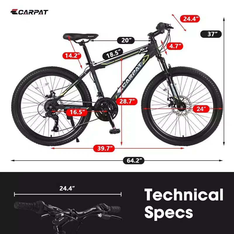 NAYSAYE Vélo VTT 24 Pouces, 21 Vitesses, Cadre en Acier pour Garçons et Filles pour Sentiers Hors Route, Noir et Vert, 56.3*7.88*28.35