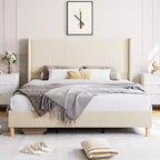 Cadre de Lit Double, Lit Plateforme Rembourré en Velours Côtelé avec Tête de Lit à Ailes Touffetée Verticale, Lattes en Bois Robustes, Montage Facile, Beige