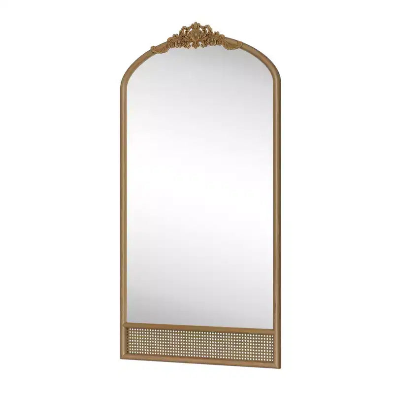 PexFix Miroir mural marron avec cadre en bois sculpté classique en arche, base en rotin, 94 cm L x 180 cm H