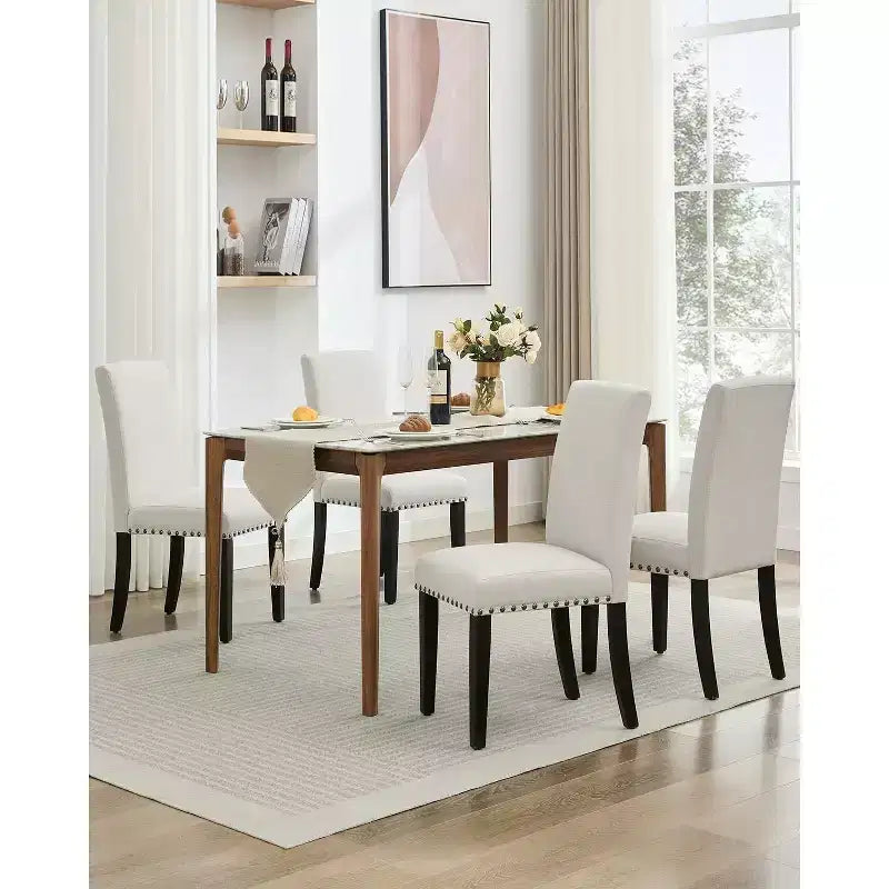Acekool Chaises de salle à manger rembourrées lot de 2, pieds en bois, tissu lin, pour salle à manger et cuisine