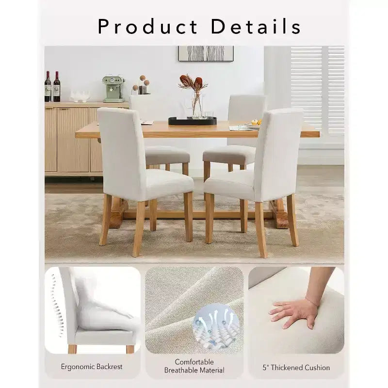 Acekool Chaises de salle à manger rembourrées lot de 2, pieds en bois, tissu lin, pour salle à manger et cuisine