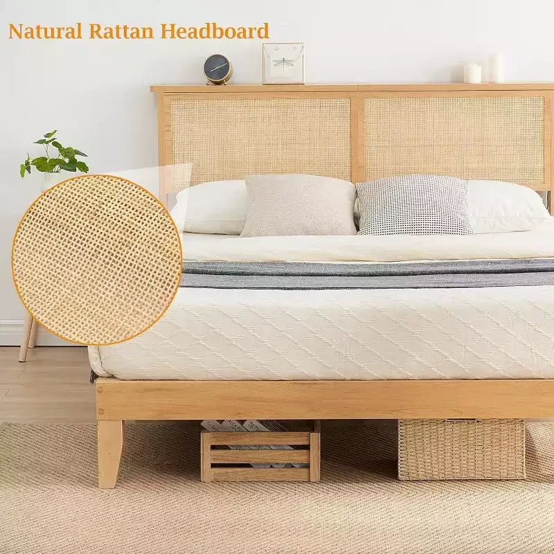 Cadre de lit en rotin Acekool avec tête de lit naturelle, lumières LED, lattes en bois massif, espace de rangement, pas besoin de sommier tapissier