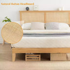 Cadre de lit en rotin Acekool avec tête de lit naturelle, lumières LED, lattes en bois massif, espace de rangement, pas besoin de sommier tapissier