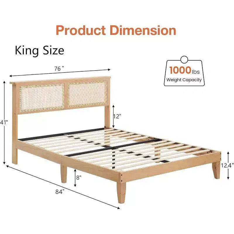 Cadre de lit en rotin Acekool avec tête de lit naturelle, lumières LED, lattes en bois massif, espace de rangement, pas besoin de sommier tapissier