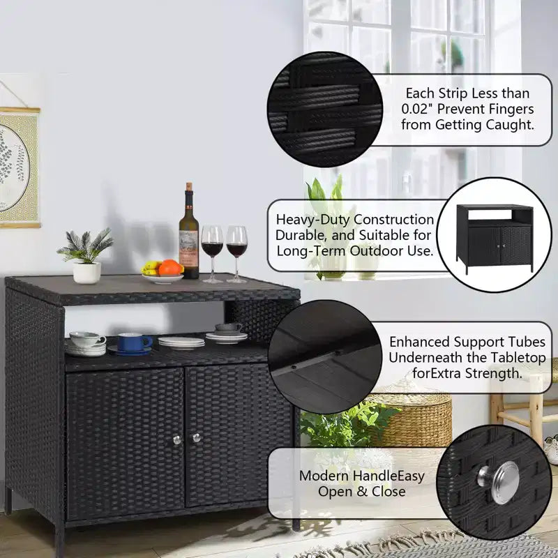 Table de bar de patio extérieur avec armoire de rangement en osier de patio à 2 portes et étagère, acier enduit de poudre, osier de résine toutes saisons, patio, piscine, jardin, cuisine