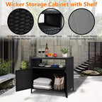 Table de bar de patio extérieur avec armoire de rangement en osier de patio à 2 portes et étagère, acier enduit de poudre, osier de résine toutes saisons, patio, piscine, jardin, cuisine