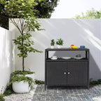 Table de bar de patio extérieur avec armoire de rangement en osier de patio à 2 portes et étagère, acier enduit de poudre, osier de résine toutes saisons, patio, piscine, jardin, cuisine