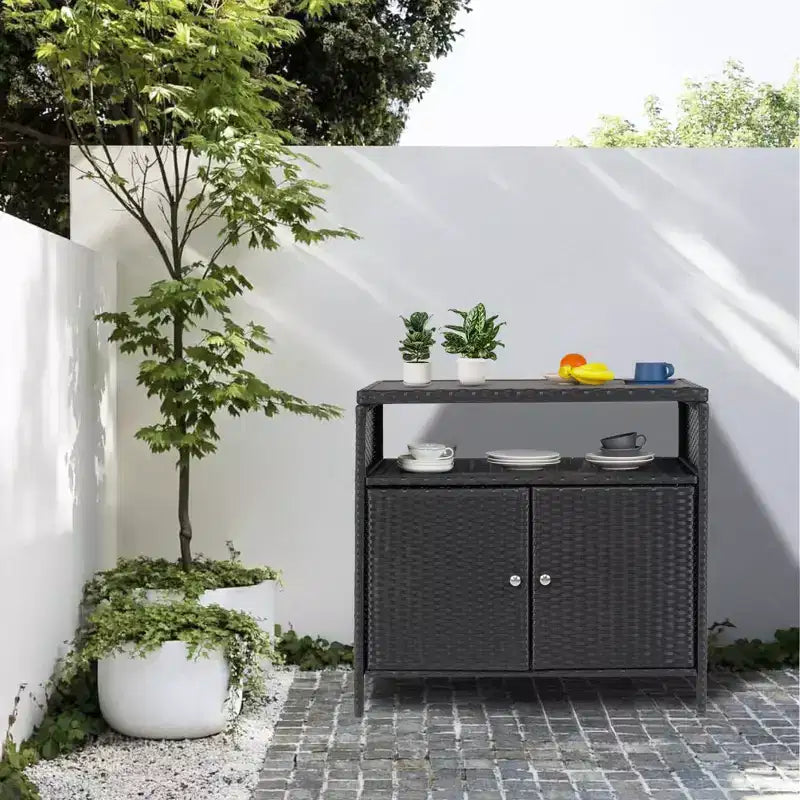 Table de bar de patio extérieur avec armoire de rangement en osier de patio à 2 portes et étagère, acier enduit de poudre, osier de résine toutes saisons, patio, piscine, jardin, cuisine