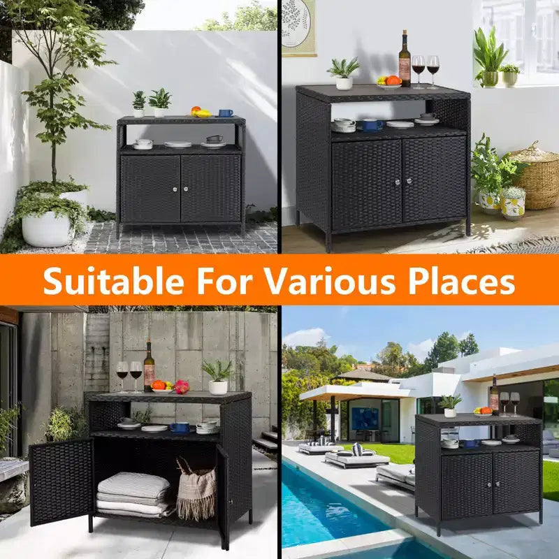 Table de bar de patio extérieur avec armoire de rangement en osier de patio à 2 portes et étagère, acier enduit de poudre, osier de résine toutes saisons, patio, piscine, jardin, cuisine