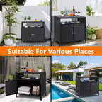 Table de bar de patio extérieur avec armoire de rangement en osier de patio à 2 portes et étagère, acier enduit de poudre, osier de résine toutes saisons, patio, piscine, jardin, cuisine
