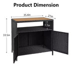 Table de bar de patio extérieur avec armoire de rangement en osier de patio à 2 portes et étagère, acier enduit de poudre, osier de résine toutes saisons, patio, piscine, jardin, cuisine