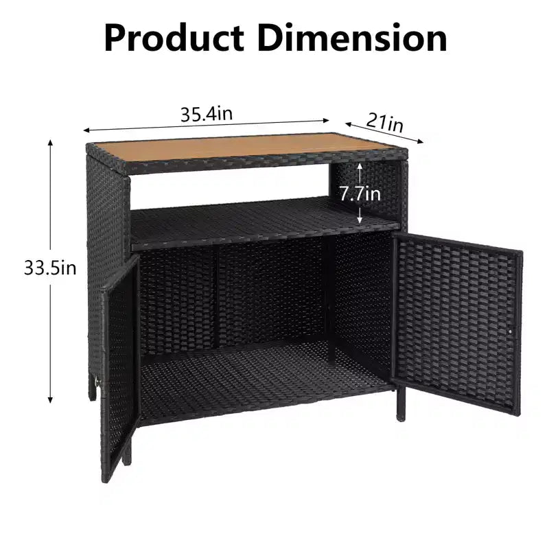 Table de bar de patio extérieur avec armoire de rangement en osier de patio à 2 portes et étagère, acier enduit de poudre, osier de résine toutes saisons, patio, piscine, jardin, cuisine
