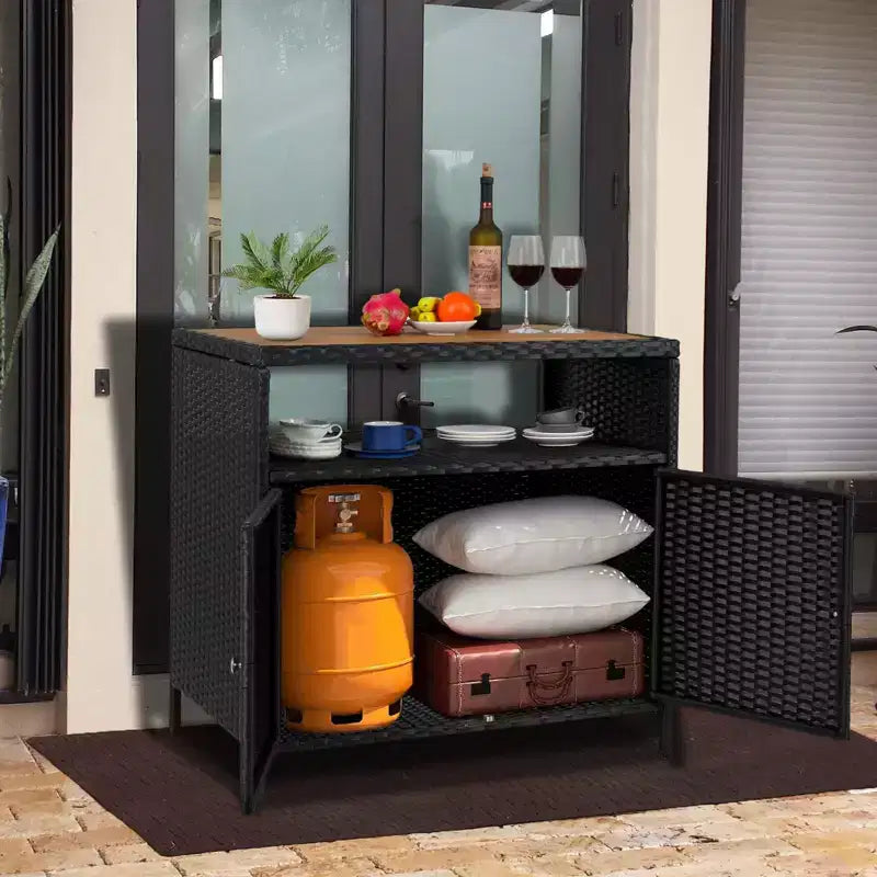 Table de bar de patio extérieur avec armoire de rangement en osier de patio à 2 portes et étagère, acier enduit de poudre, osier de résine toutes saisons, patio, piscine, jardin, cuisine