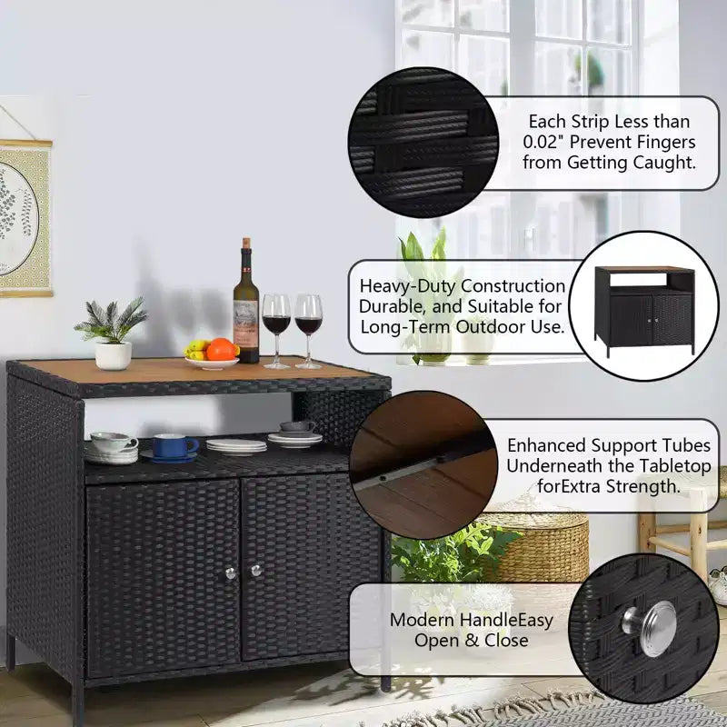 Table de bar de patio extérieur avec armoire de rangement en osier de patio à 2 portes et étagère, acier enduit de poudre, osier de résine toutes saisons, patio, piscine, jardin, cuisine