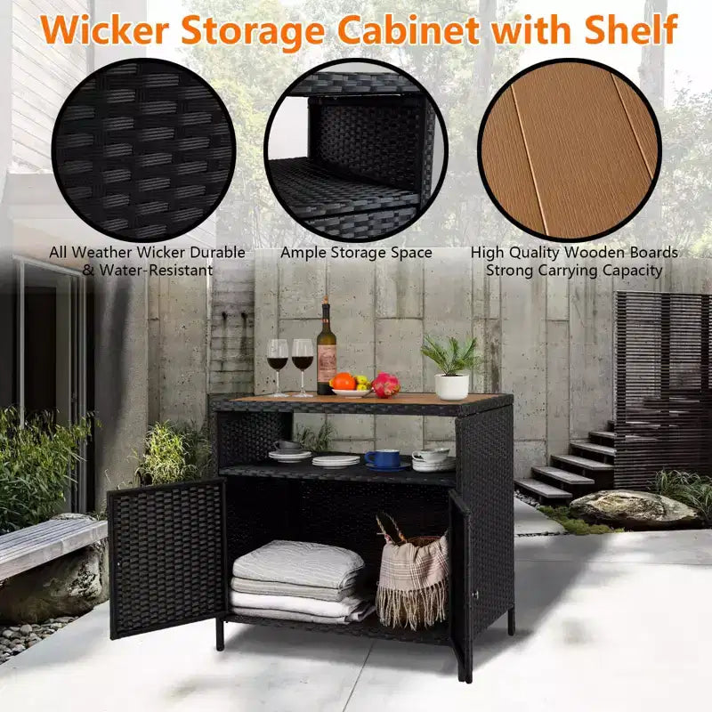 Table de bar de patio extérieur avec armoire de rangement en osier de patio à 2 portes et étagère, acier enduit de poudre, osier de résine toutes saisons, patio, piscine, jardin, cuisine