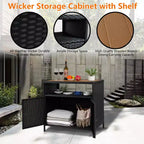 Table de bar de patio extérieur avec armoire de rangement en osier de patio à 2 portes et étagère, acier enduit de poudre, osier de résine toutes saisons, patio, piscine, jardin, cuisine