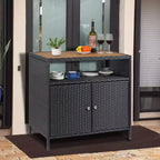 Table de bar de patio extérieur avec armoire de rangement en osier de patio à 2 portes et étagère, acier enduit de poudre, osier de résine toutes saisons, patio, piscine, jardin, cuisine