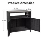 Table de bar de patio extérieur avec armoire de rangement en osier de patio à 2 portes et étagère, acier enduit de poudre, osier de résine toutes saisons, patio, piscine, jardin, cuisine