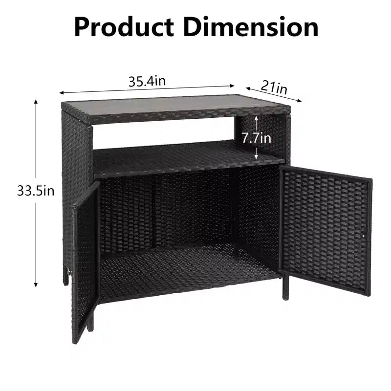 Table de bar de patio extérieur avec armoire de rangement en osier de patio à 2 portes et étagère, acier enduit de poudre, osier de résine toutes saisons, patio, piscine, jardin, cuisine