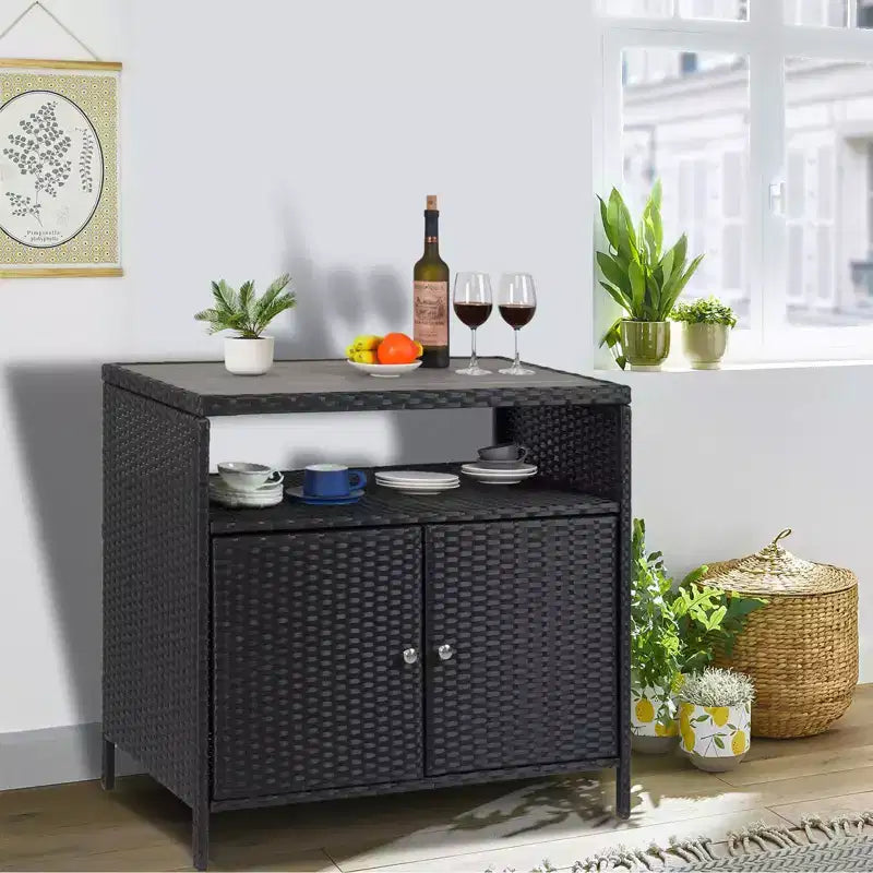 Table de bar de patio extérieur avec armoire de rangement en osier de patio à 2 portes et étagère, acier enduit de poudre, osier de résine toutes saisons, patio, piscine, jardin, cuisine