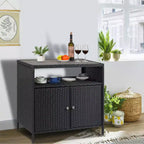Table de bar de patio extérieur avec armoire de rangement en osier de patio à 2 portes et étagère, acier enduit de poudre, osier de résine toutes saisons, patio, piscine, jardin, cuisine